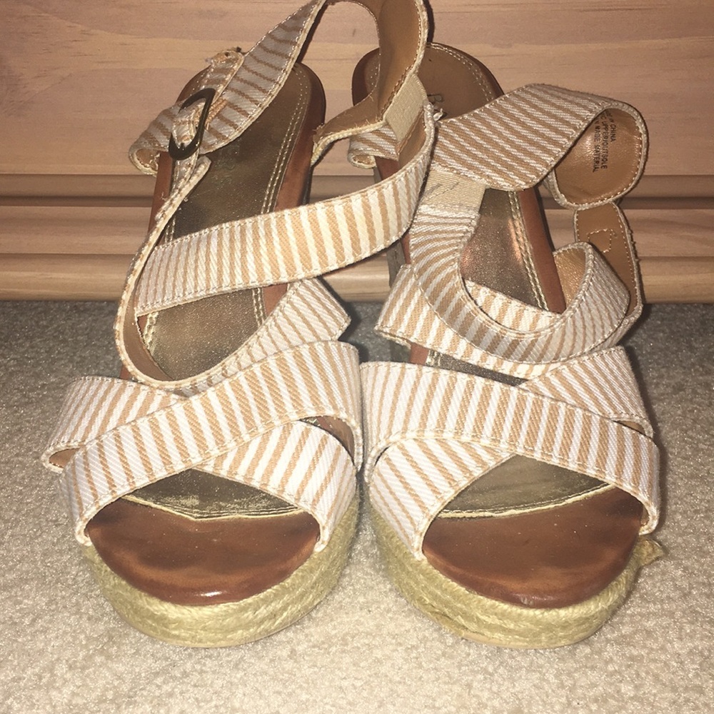 White & Nude Striped Wedges